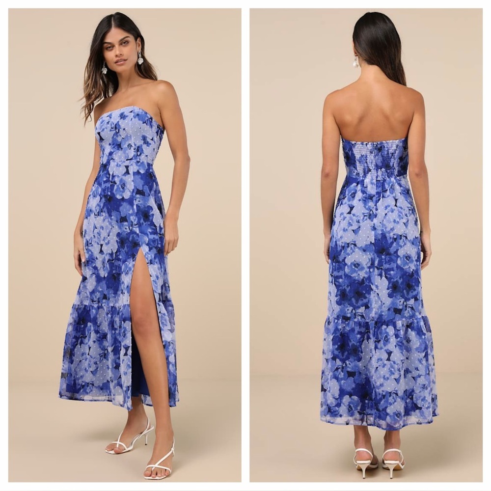 Lulu's Blue Floral Strapless Midi Dress